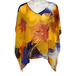 Chicos Womens Size 3 L/XL Sheer Caftan Tunic Top Vibrant Orange Hibiscus Print